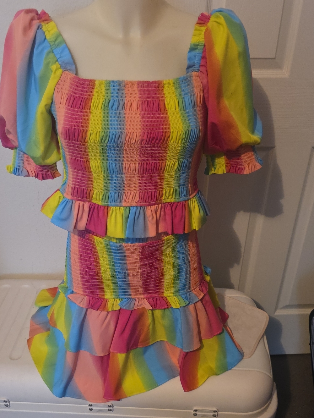 Ladie's Rainbow Smocked Puff-Sleeve Ruffle Set